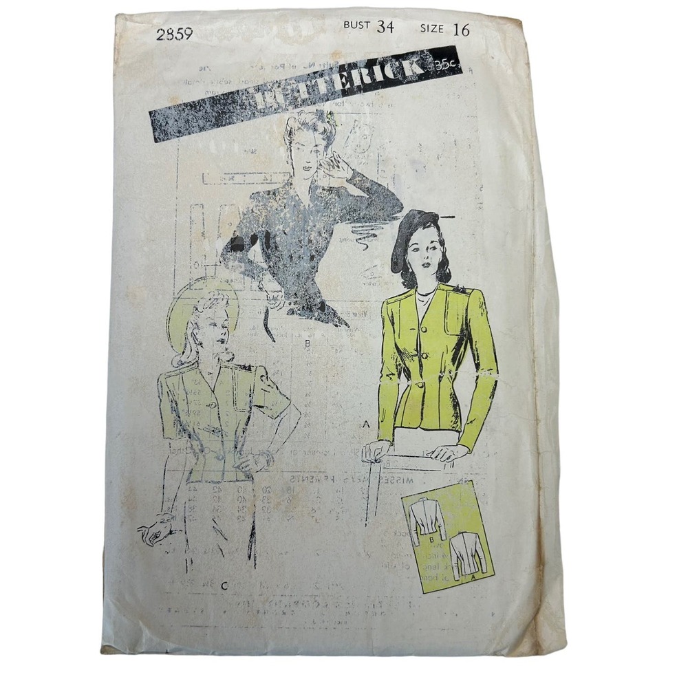 Butterick Vintage 1940's or 50's Pattern #2859 Women's Jackets 2 Lengths Size 16